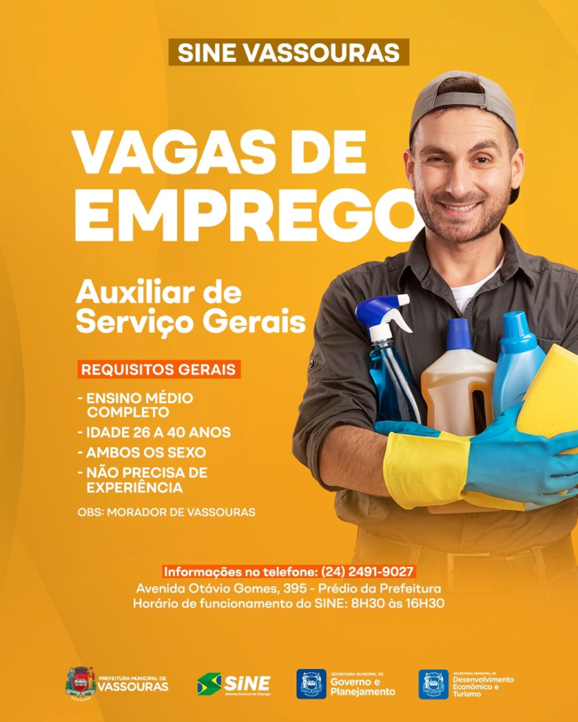 O Sine Esta Ofertando Vaga Para Auxiliar De Serviços Gerais Prefeitura Municipal De Vassouras 6556